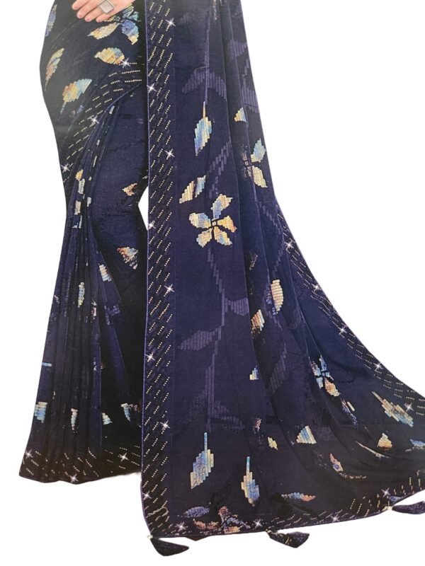 Soft Georgette Fancy sparkly Flower work with Embroidery on Border ,Saree With Satin Banglori Silk Unstitched Blouse Piece | Heavy Viscose Thread Work With Readymade stone Lace Fitting ,Blue color (Pack of one) - Image 3