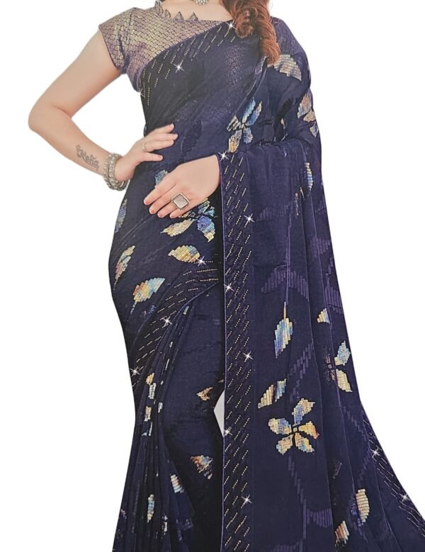 Soft Georgette Fancy sparkly Flower work with Embroidery on Border ,Saree With Satin Banglori Silk Unstitched Blouse Piece | Heavy Viscose Thread Work With Readymade stone Lace Fitting ,Blue color (Pack of one) - Image 2