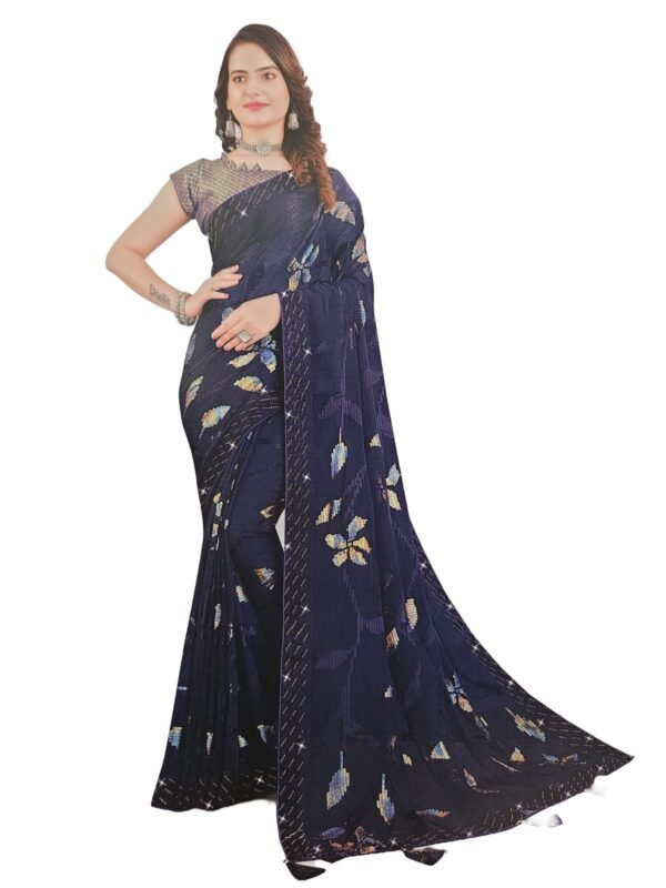 Soft Georgette Fancy sparkly Flower work with Embroidery on Border ,Saree With Satin Banglori Silk Unstitched Blouse Piece | Heavy Viscose Thread Work With Readymade stone Lace Fitting ,Blue color (Pack of one)