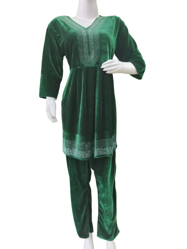 Jivika Women Green Latest Velvet Cord Set with stone work traditional occasions w (Top and Bottom) (Set of 1)