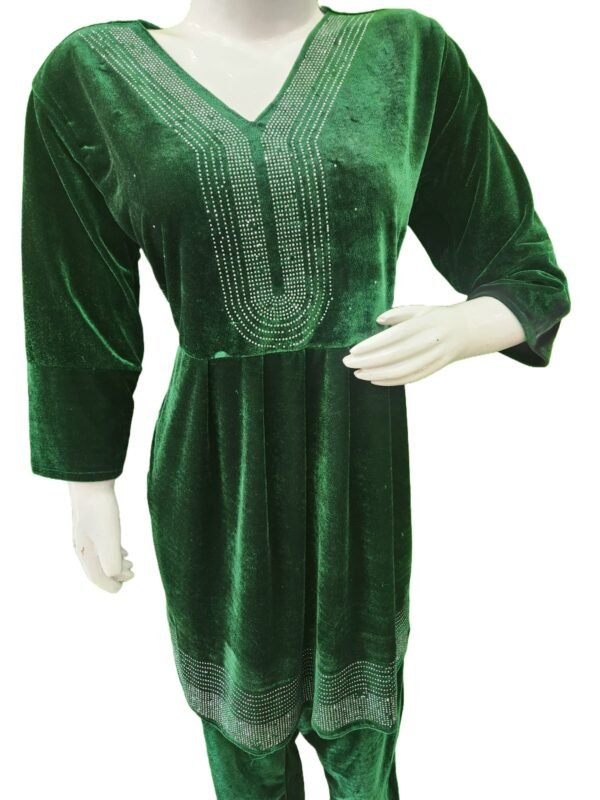 Jivika Women Green Latest Velvet Cord Set with stone work traditional occasions w (Top and Bottom) (Set of 1) - Image 3
