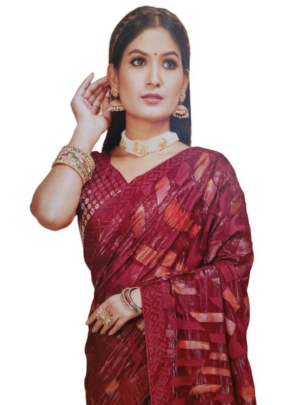 Women's Shimmer Chiffon Sequence sparkly work Saree With Unstitched Blouse Piece , Mehroon color (Pack of one)