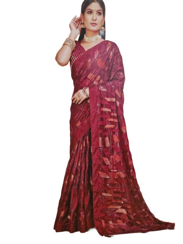Women's Shimmer Chiffon Sequence sparkly work Saree With Unstitched Blouse Piece , Mehroon color (Pack of one) - Image 2