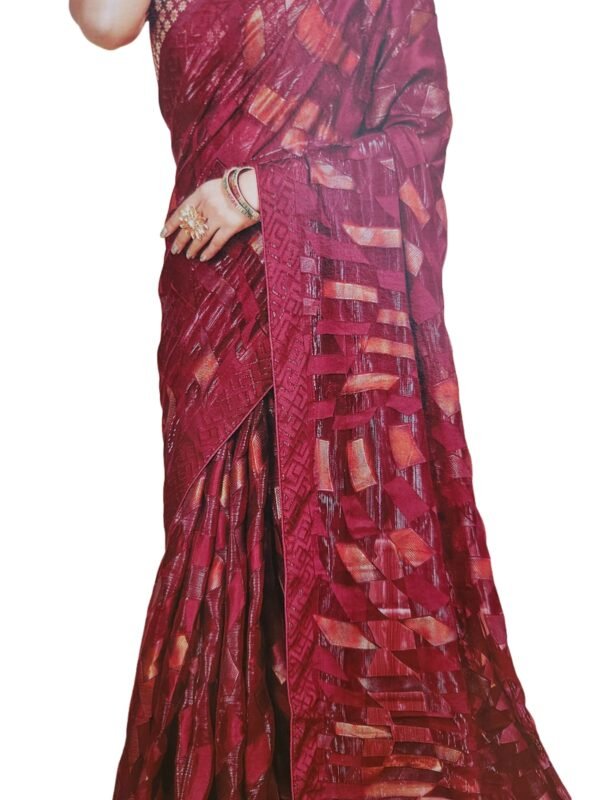 Women's Shimmer Chiffon Sequence sparkly work Saree With Unstitched Blouse Piece , Mehroon color (Pack of one) - Image 3
