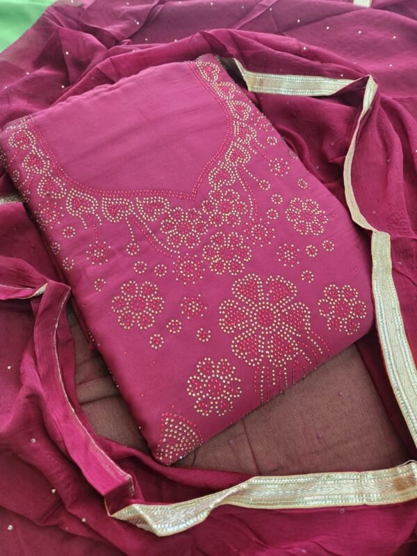 Women Chiffon Salwar Suit Dress Material With Dupatta, Unstitched Traditional Salwar Suit Dress Material Rani color