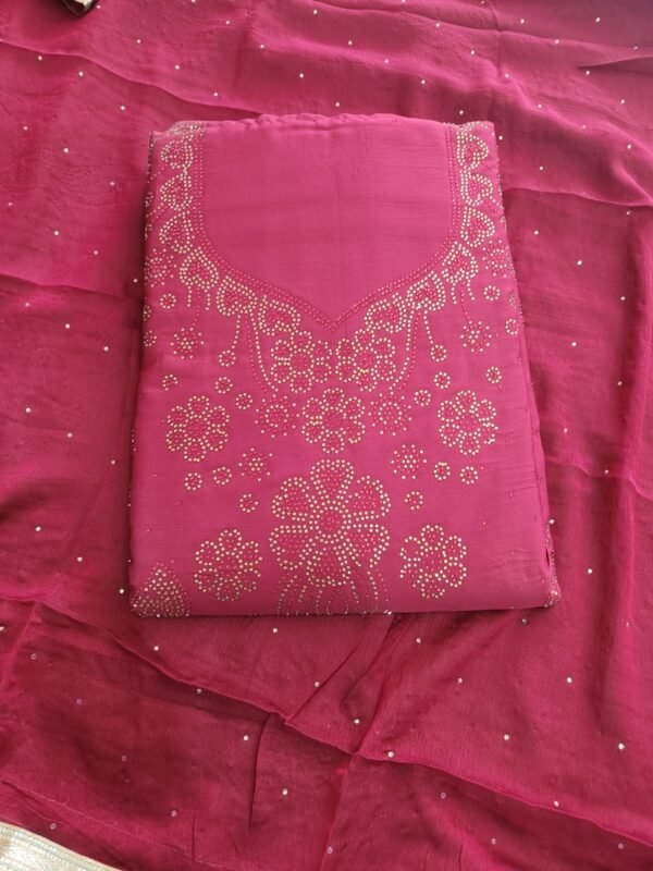 Women Chiffon Salwar Suit Dress Material With Dupatta, Unstitched Traditional Salwar Suit Dress Material Rani color - Image 5