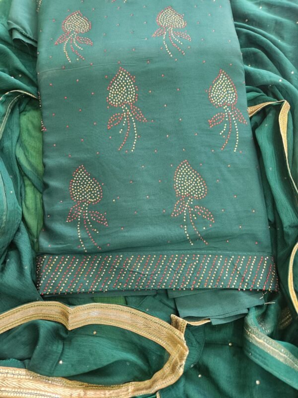Women Chiffon Salwar Suit Dress Material With Dupatta, Unstitched Traditional Salwar Suit Dress Material Emerald Green color - Image 3