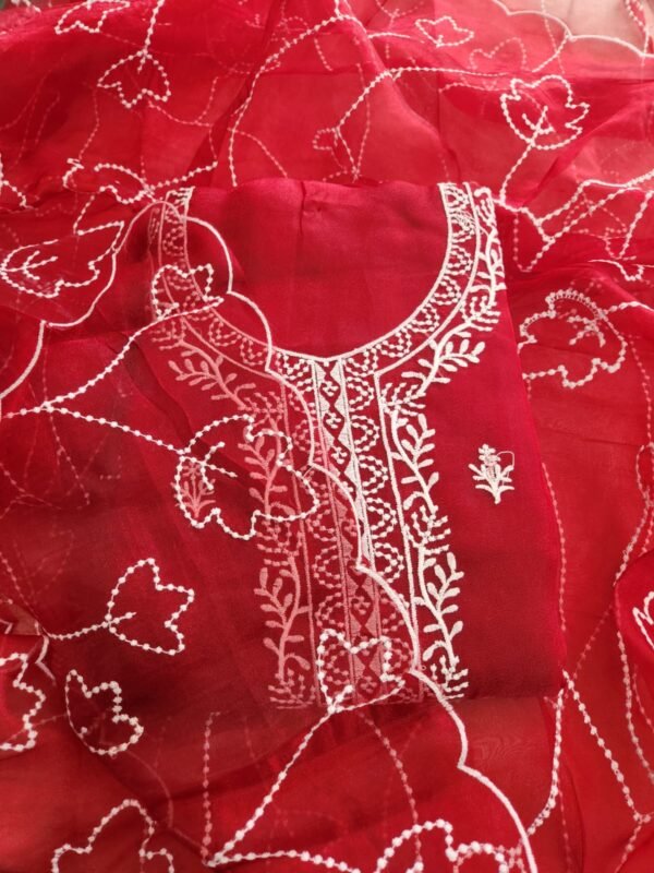 Miss Ethnik Women's Organza UnStitched Top With Unstitched Santoon Bottom and Organza Dupatta Embroidered Straight Kurta Dress Material