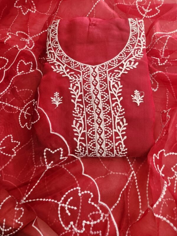 Miss Ethnik Women's Organza UnStitched Top With Unstitched Santoon Bottom and Organza Dupatta Embroidered Straight Kurta Dress Material - Image 3
