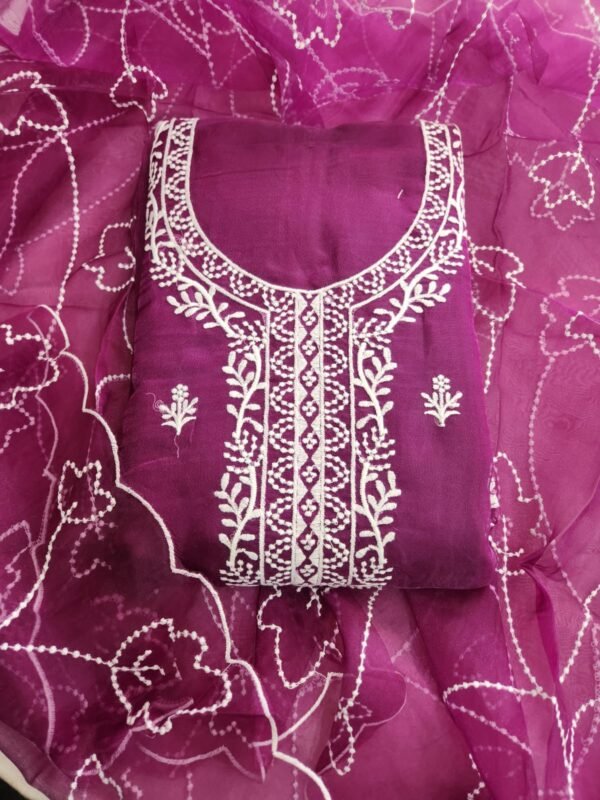 Miss Ethnik Women's Organza UnStitched Top With Unstitched Santoon Bottom and Organza Dupatta Embroidered Straight Kurta Dress Material - Image 11