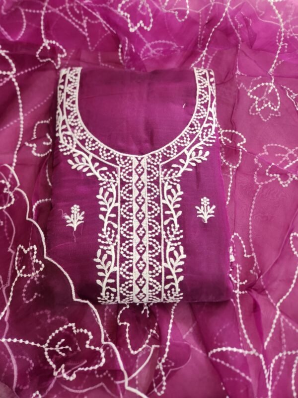 Miss Ethnik Women's Organza UnStitched Top With Unstitched Santoon Bottom and Organza Dupatta Embroidered Straight Kurta Dress Material - Image 10
