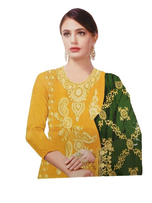 Women Georgette Salwar Suit Dress Material With Heavily worked Dupatta, Unstitched Traditional Salwar Suit Dress Material Yellow Green color combination - Image 2