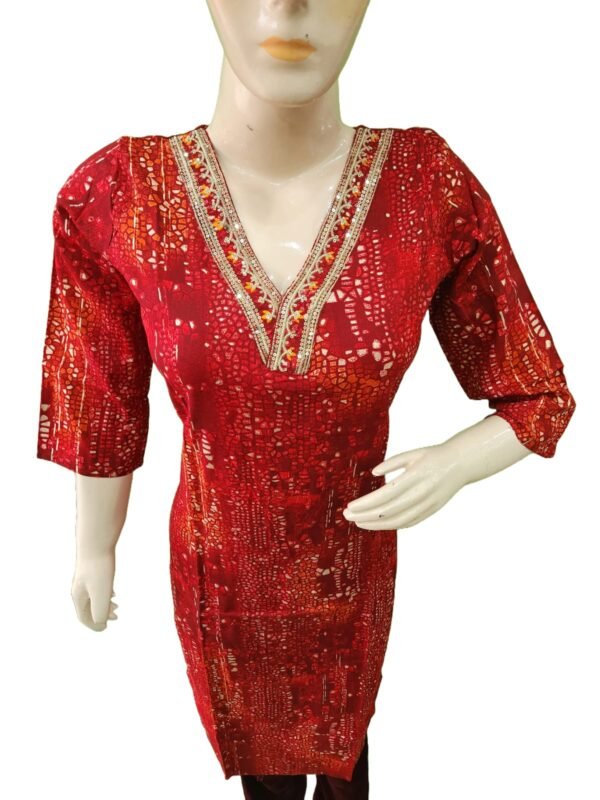 Ankyayi Red kurti with white flower golden work(kurta only) - Image 3