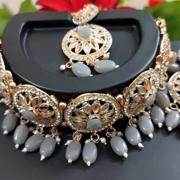 Gold Plated Traditional Kundan Pearl Drop Choker Necklace Jewellery & Dangle Earrings Set For Women/Girls - Image 4