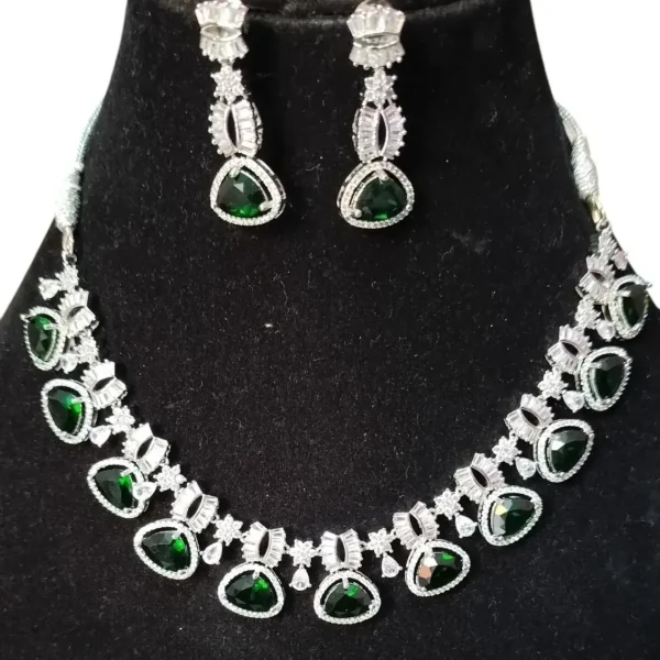 Silver Plated Green American Diamond Studded Abstract Necklace With Earrings Jewellery Set For Girls and Women For Womenn and Girl Best Suits for Party, Wedding and Festive Occasions