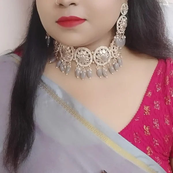 Gold Plated Traditional Kundan Pearl Drop Choker Necklace Jewellery & Dangle Earrings Set For Women/Girls