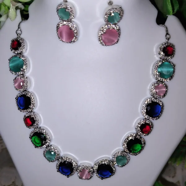 Multi Coloured AD Necklace Set - Jewellery Set for Women, Girls for parties Wedding and Festive - Image 2