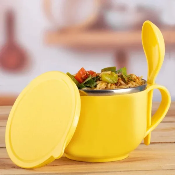 1 pcs Pasta Noodles Maggie Bowl with Lid and Handle & Spoon, Soup Bowls for Easy Perfect Breakfast Cereals, Fruits, Ramen, Beverages,Essentials, Dishwasher Safe Double Layer (Yellow) - Image 2