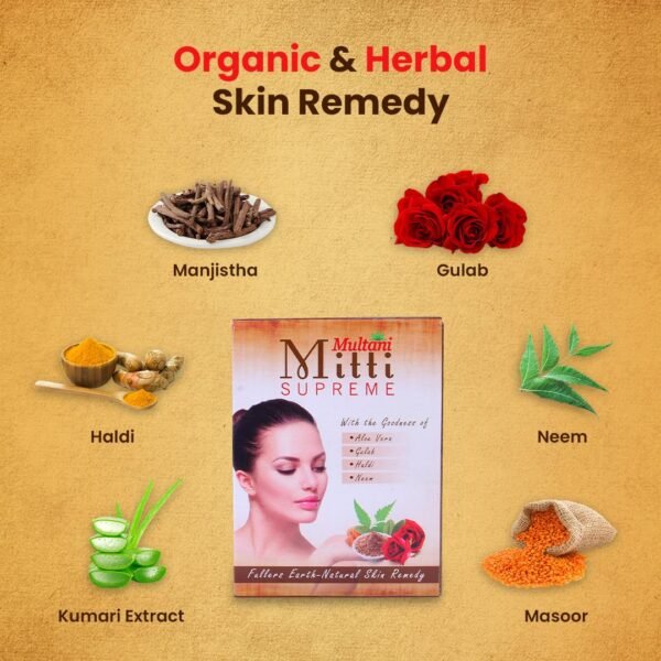 Multani Mitti Supreme Face Pack Powder With Goodness Of Aloe Vera, Gulab, Haldi & Neem | Bentonite Clay For Face Mask, Hair Mask, Face Powder Women | 100 Gm , ( Pack of 3 - 300 gm) - Image 2