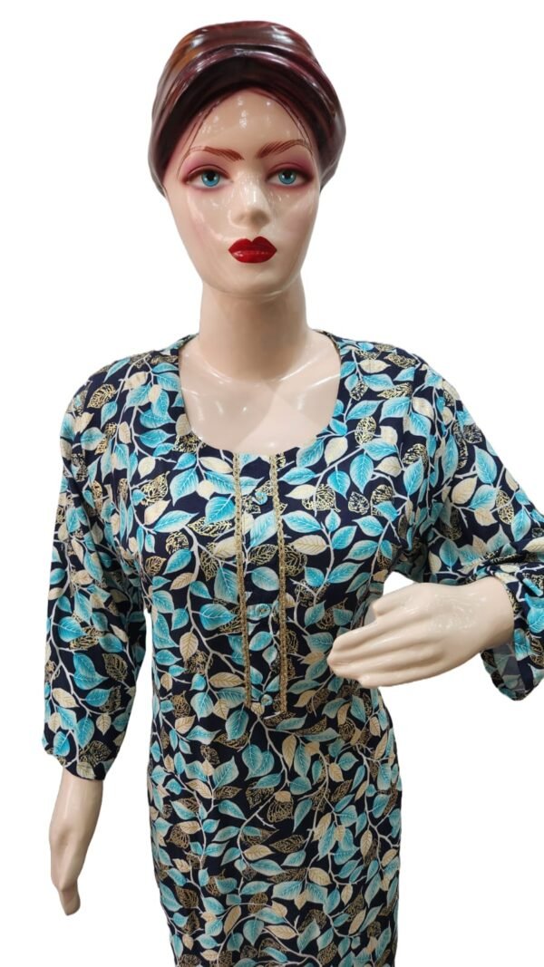 Beautiful kurti with Blue Gold leaves work(kurta only) - Image 3