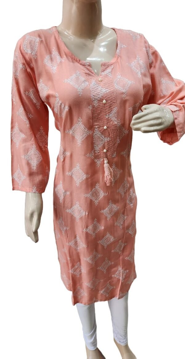 Beautiful pink kurti sparkly print with moti work(kurta only), blend cotton , single - Image 3