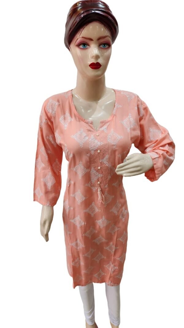 Beautiful pink kurti sparkly print with moti work(kurta only), blend cotton , single - Image 4