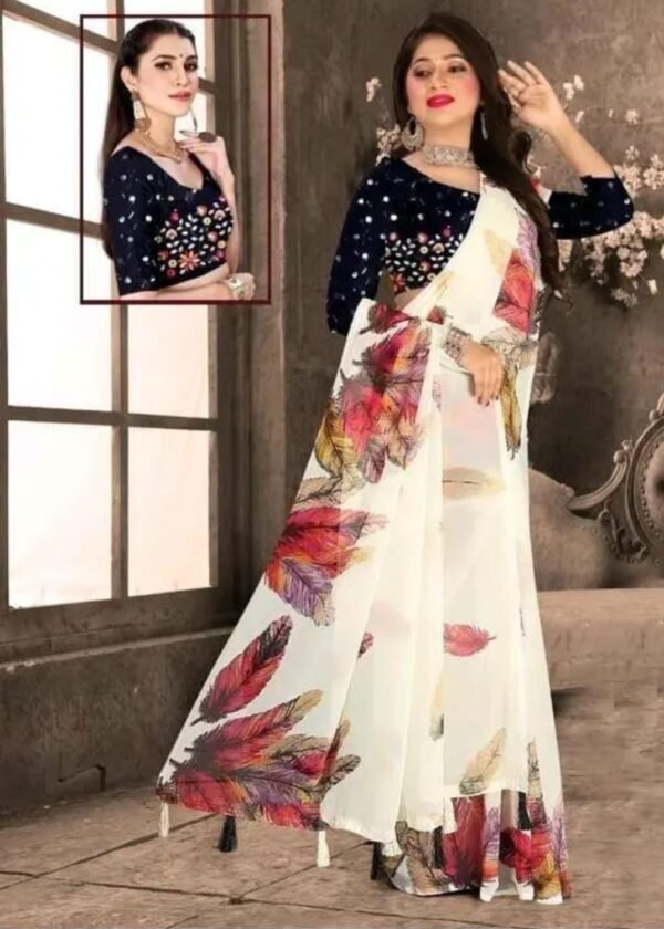 Feathers print Rabdi soft chiffon Saree With Unstitched Blouse Piece , cream color (Pack of 1)