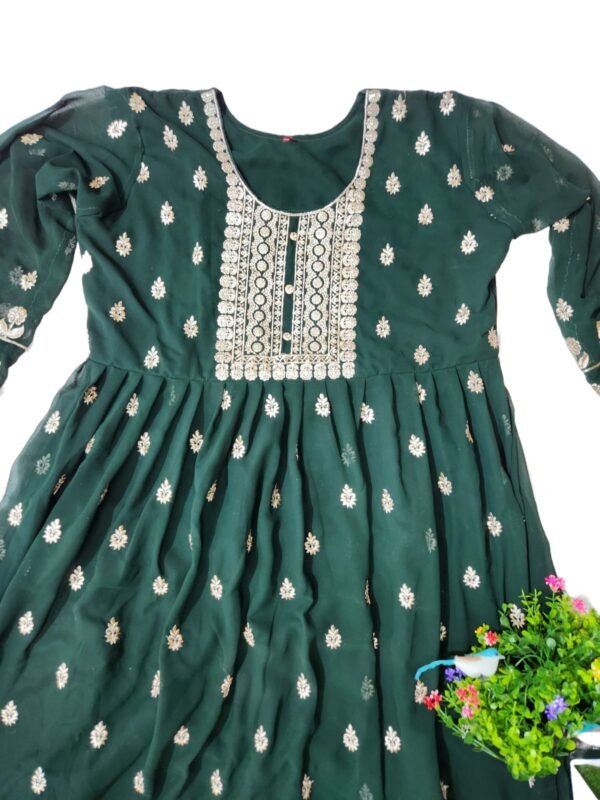 Embroidered Georgette Stitched Flared/Anarkali Gown (Green) with bottom lagging dupatta set , Free Size - Image 3