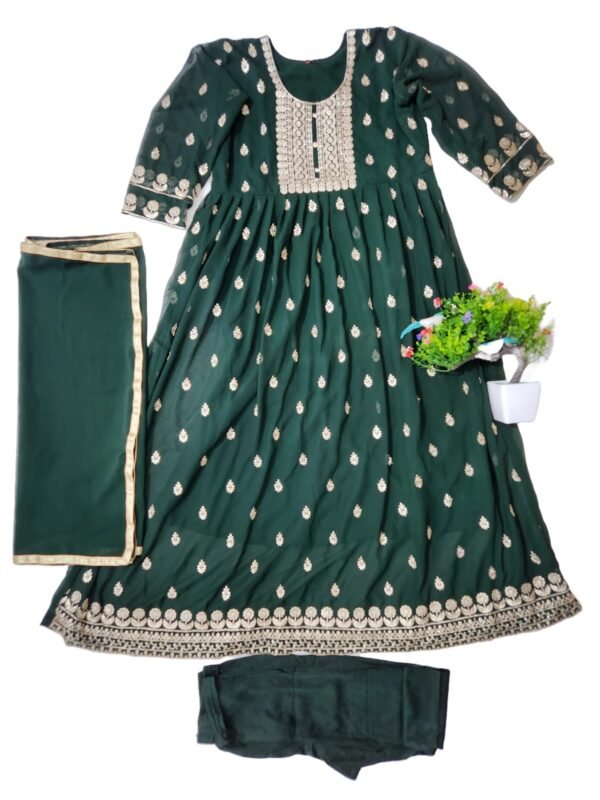 Embroidered Georgette Stitched Flared/Anarkali Gown (Green) with bottom lagging dupatta set , Free Size