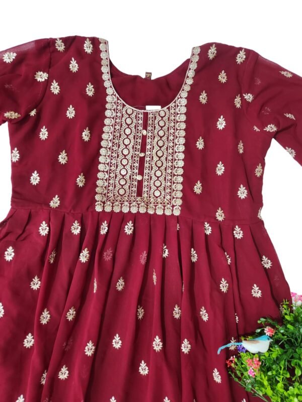 Embroidered Georgette Stitched Flared/Anarkali Gown (Mehroon) with bottom lagging dupatta set - Image 5