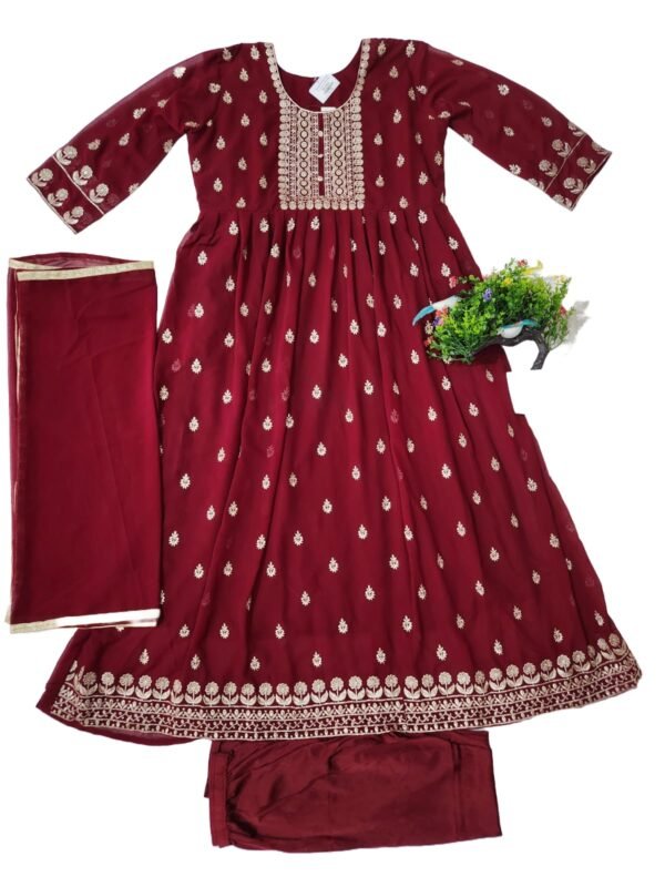 Embroidered Georgette Stitched Flared/Anarkali Gown (Mehroon) with bottom lagging dupatta set