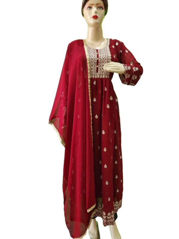 Embroidered Georgette Stitched Flared/Anarkali Gown (Mehroon) with bottom lagging dupatta set - Image 2