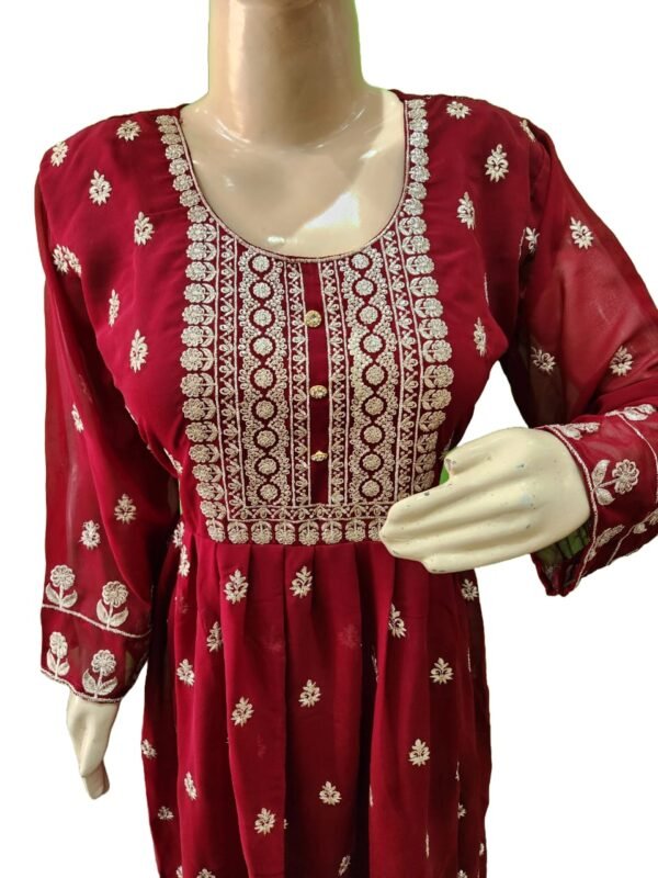 Embroidered Georgette Stitched Flared/Anarkali Gown (Mehroon) with bottom lagging dupatta set - Image 3