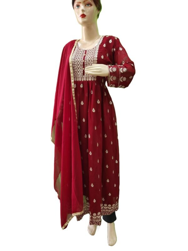 Embroidered Georgette Stitched Flared/Anarkali Gown (Mehroon) with bottom lagging dupatta set - Image 4