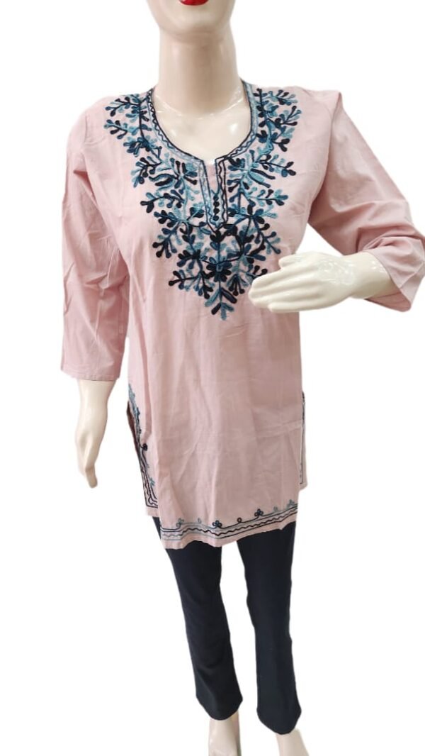 Womens & Girls Casual Regular Short Kurti Top Blend Cotton Embroidery Work (Bust Size : 40 in, Size Length: 44 in) - Image 2
