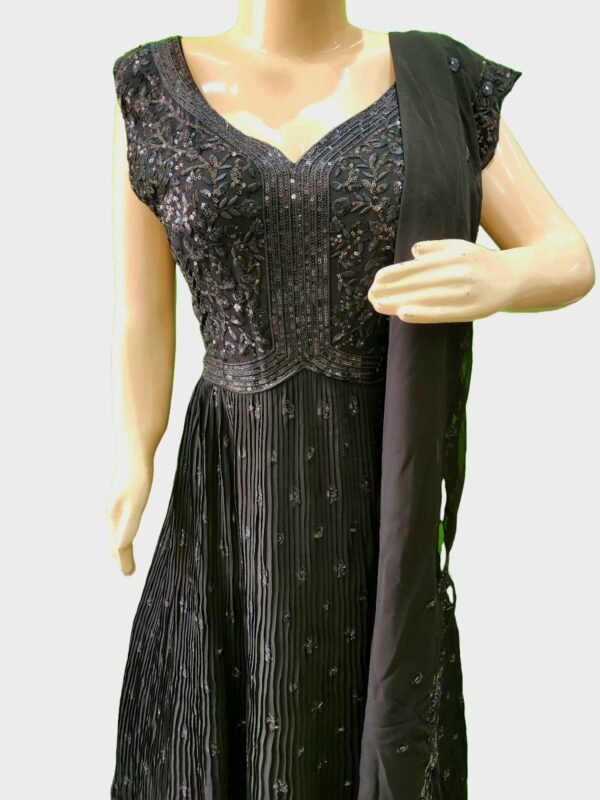 Embroidered Georgette Paisley Georgette Stitched Flared/A-line Gown /Anarkali Gown (Black) with dupatta set