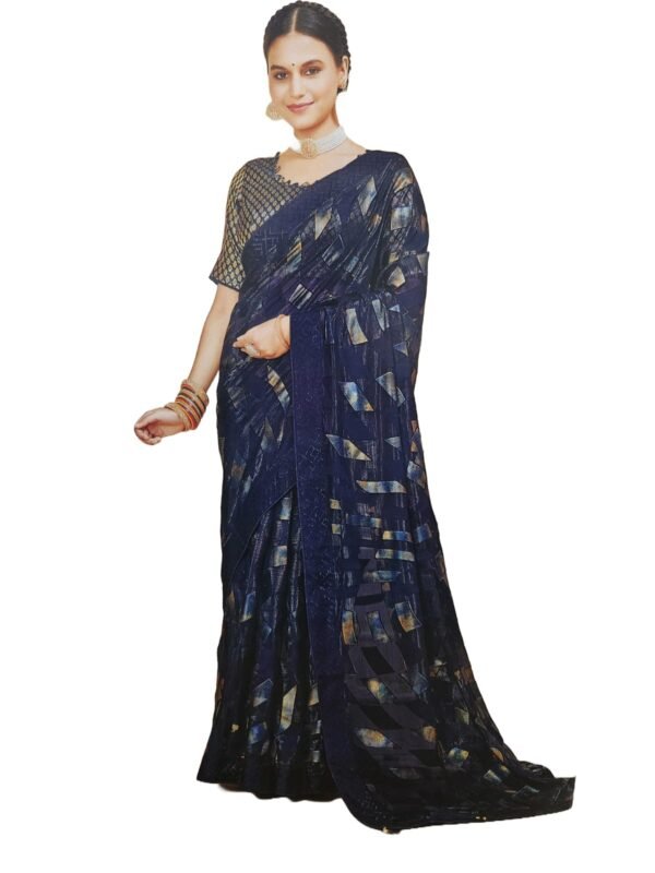 Women's Shimmer Chiffon Sequence sparkly work Saree With Unstitched Blouse Piece , Blue color (Pack of one)
