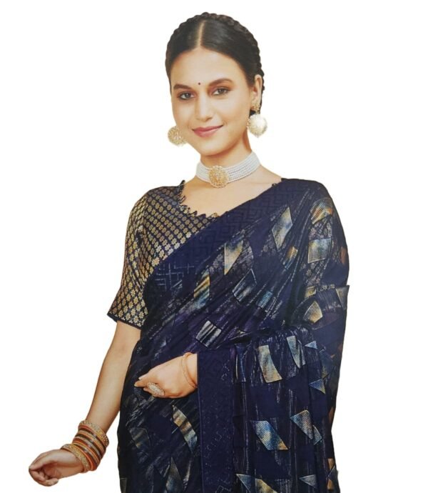 Women's Shimmer Chiffon Sequence sparkly work Saree With Unstitched Blouse Piece , Blue color (Pack of one) - Image 3