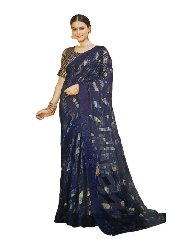 Women's Shimmer Chiffon Sequence sparkly work Saree With Unstitched Blouse Piece , Blue color (Pack of one) - Image 2