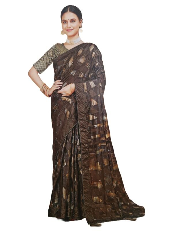Women's Shimmer Chiffon Sequence sparkly work Saree With Unstitched Blouse Piece , Brown color (Pack of one) - Image 5