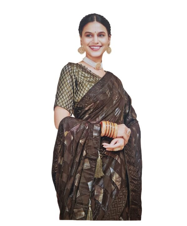 Women's Shimmer Chiffon Sequence sparkly work Saree With Unstitched Blouse Piece , Brown color (Pack of one) - Image 3