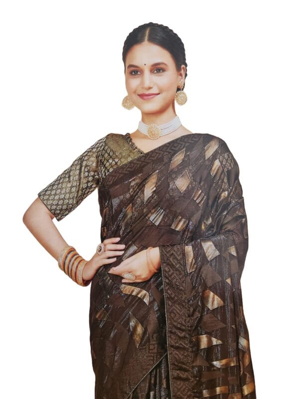 Women's Shimmer Chiffon Sequence sparkly work Saree With Unstitched Blouse Piece , Brown color (Pack of one)
