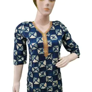 Beautiful Blue print kurti with golden Lace work (kurta only)