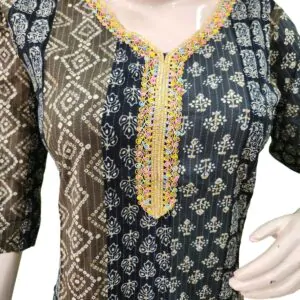 Beautiful kurti multiple green shade with jaipuri bandhej print with golden Lace work (kurta only)