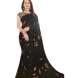 Soft Georgette Fancy sparkly Flower work with Embroidery on Border ,Saree With Satin Banglori Silk Unstitched Blouse Piece | Heavy Viscose Thread Work With Readymade stone Lace Fitting (Pack of one)