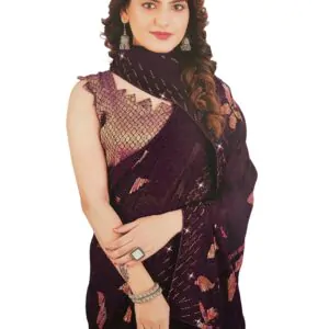 Soft Georgette Fancy sparkly Flower work with Embroidery on Border ,Saree With Satin Banglori Silk Unstitched Blouse Piece | Heavy Viscose Thread Work With Readymade stone Lace Fitting ,Purple color (Pack of one)