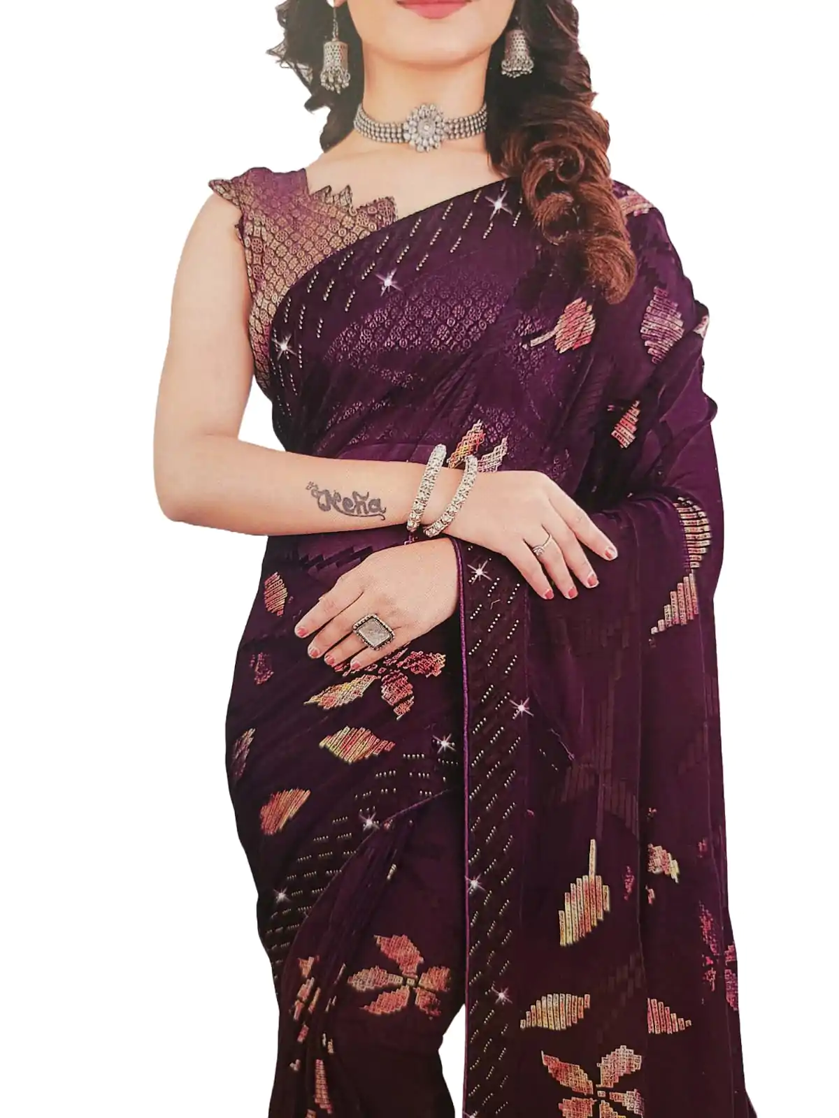 Soft Georgette Fancy sparkly Flower work with Embroidery on Border ,Saree With Satin Banglori Silk Unstitched Blouse Piece | Heavy Viscose Thread Work With Readymade stone Lace Fitting ,Purple color (Pack of one) - Image 4