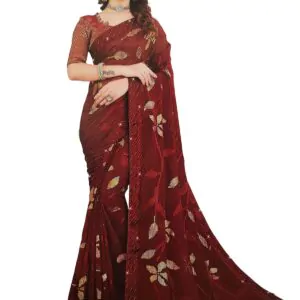 Soft Georgette Fancy sparkly Flower work with Embroidery on Border ,Saree With Satin Banglori Silk Unstitched Blouse Piece | Heavy Viscose Thread Work With Readymade stone Lace Fitting ,Mehroon color (Pack of one)