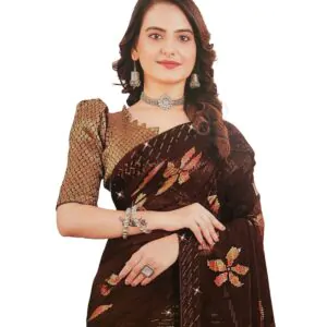 Soft Georgette Fancy sparkly Flower work with Embroidery on Border ,Saree With Satin Banglori Silk Unstitched Blouse Piece | Heavy Viscose Thread Work With Readymade stone Lace Fitting ,Mehroon color (Pack of one)