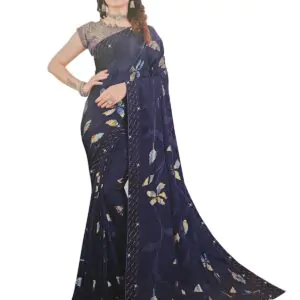 Soft Georgette Fancy sparkly Flower work with Embroidery on Border ,Saree With Satin Banglori Silk Unstitched Blouse Piece | Heavy Viscose Thread Work With Readymade stone Lace Fitting ,Blue color (Pack of one)